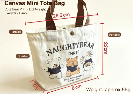 SHIREEN Cute Bear Canvas Mini Tote Bag